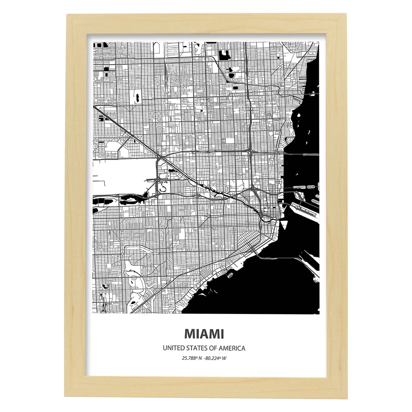 Poster con mapa de Miami - USA. Láminas de ciudades de Estados Unidos con mares y ríos en color negro.-Artwork-Nacnic-A3-Marco Madera clara-Nacnic Estudio SL