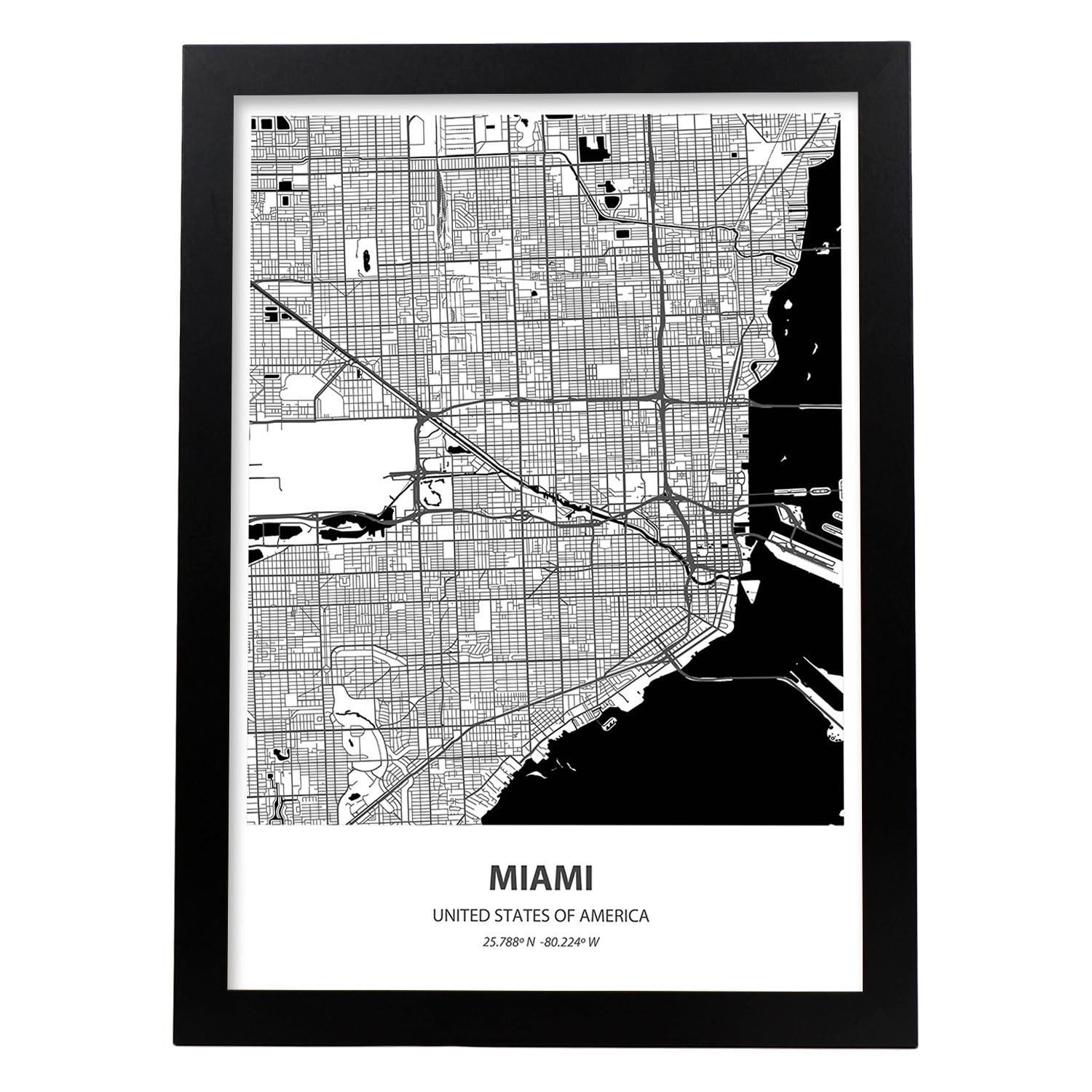 Poster con mapa de Miami - USA. Láminas de ciudades de Estados Unidos con mares y ríos en color negro.-Artwork-Nacnic-A3-Marco Negro-Nacnic Estudio SL