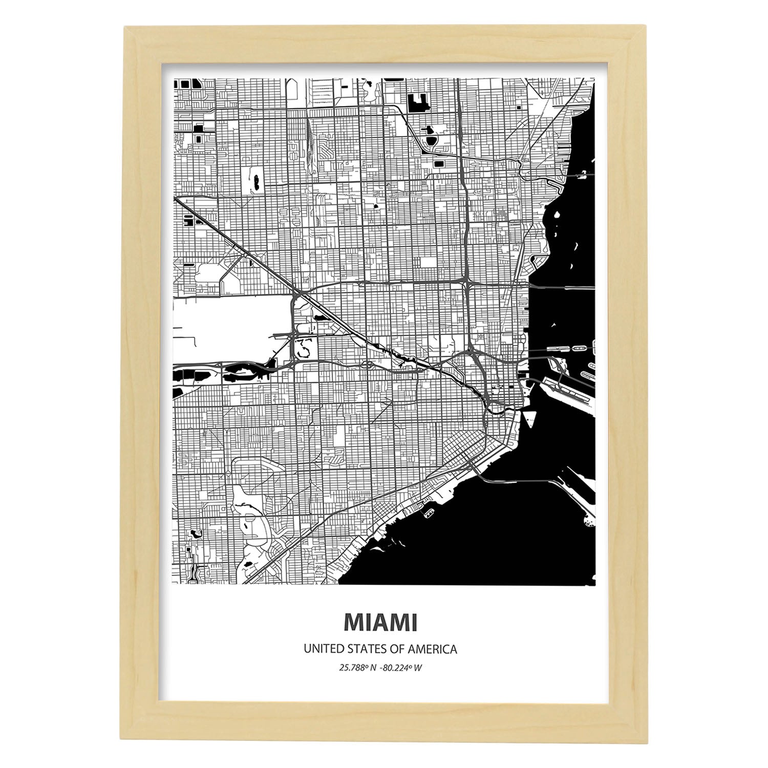Poster con mapa de Miami - USA. Láminas de ciudades de Estados Unidos con mares y ríos en color negro.-Artwork-Nacnic-A4-Marco Madera clara-Nacnic Estudio SL