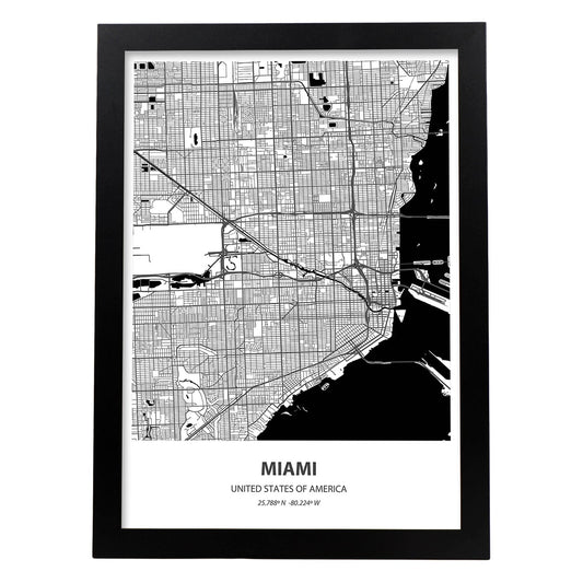 Poster con mapa de Miami - USA. Láminas de ciudades de Estados Unidos con mares y ríos en color negro.-Artwork-Nacnic-A4-Marco Negro-Nacnic Estudio SL