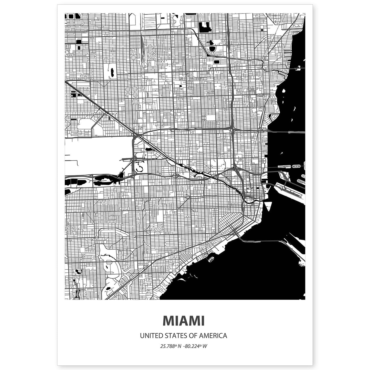 Poster con mapa de Miami - USA. Láminas de ciudades de Estados Unidos con mares y ríos en color negro.-Artwork-Nacnic-A4-Sin marco-Nacnic Estudio SL