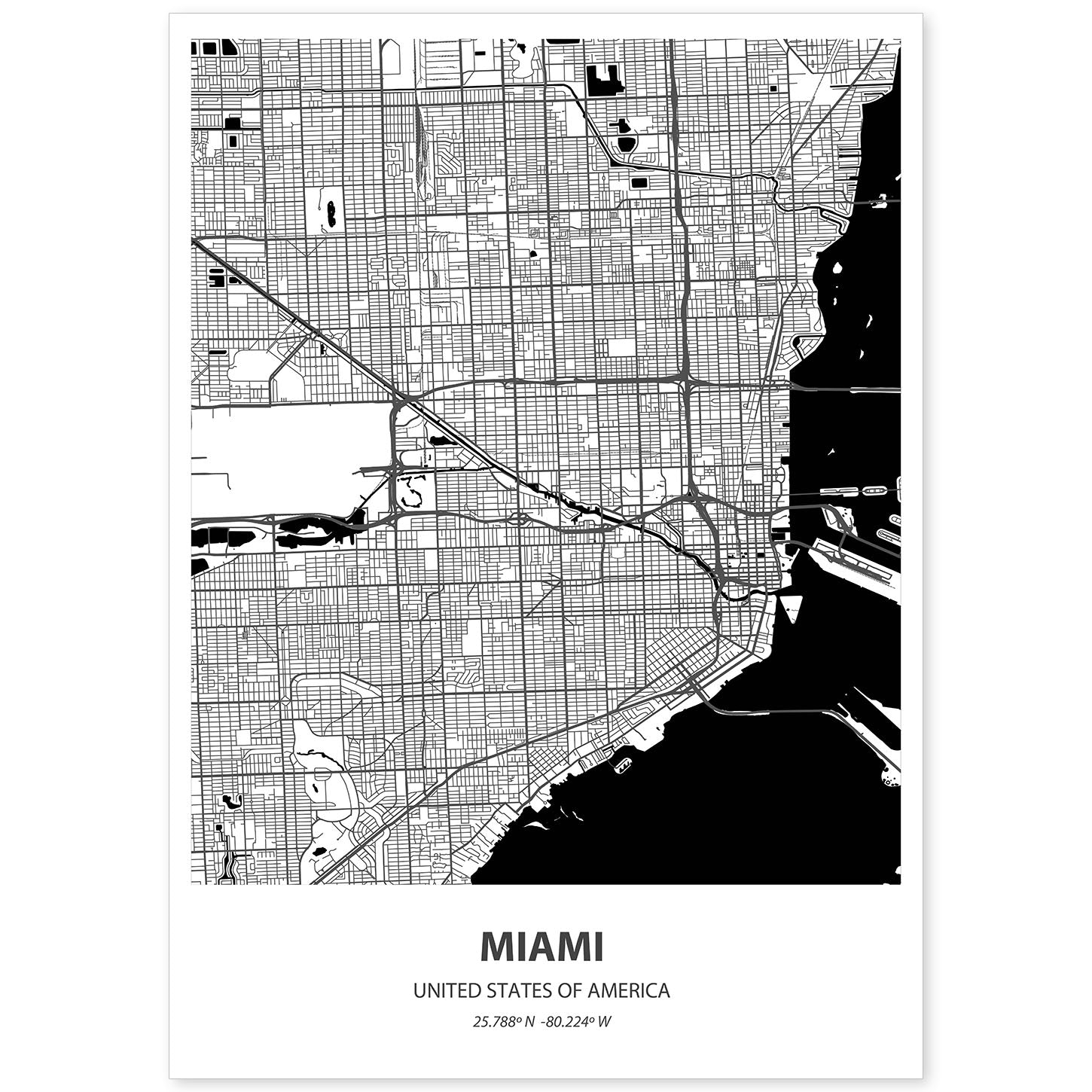 Poster con mapa de Miami - USA. Láminas de ciudades de Estados Unidos con mares y ríos en color negro.-Artwork-Nacnic-A4-Sin marco-Nacnic Estudio SL