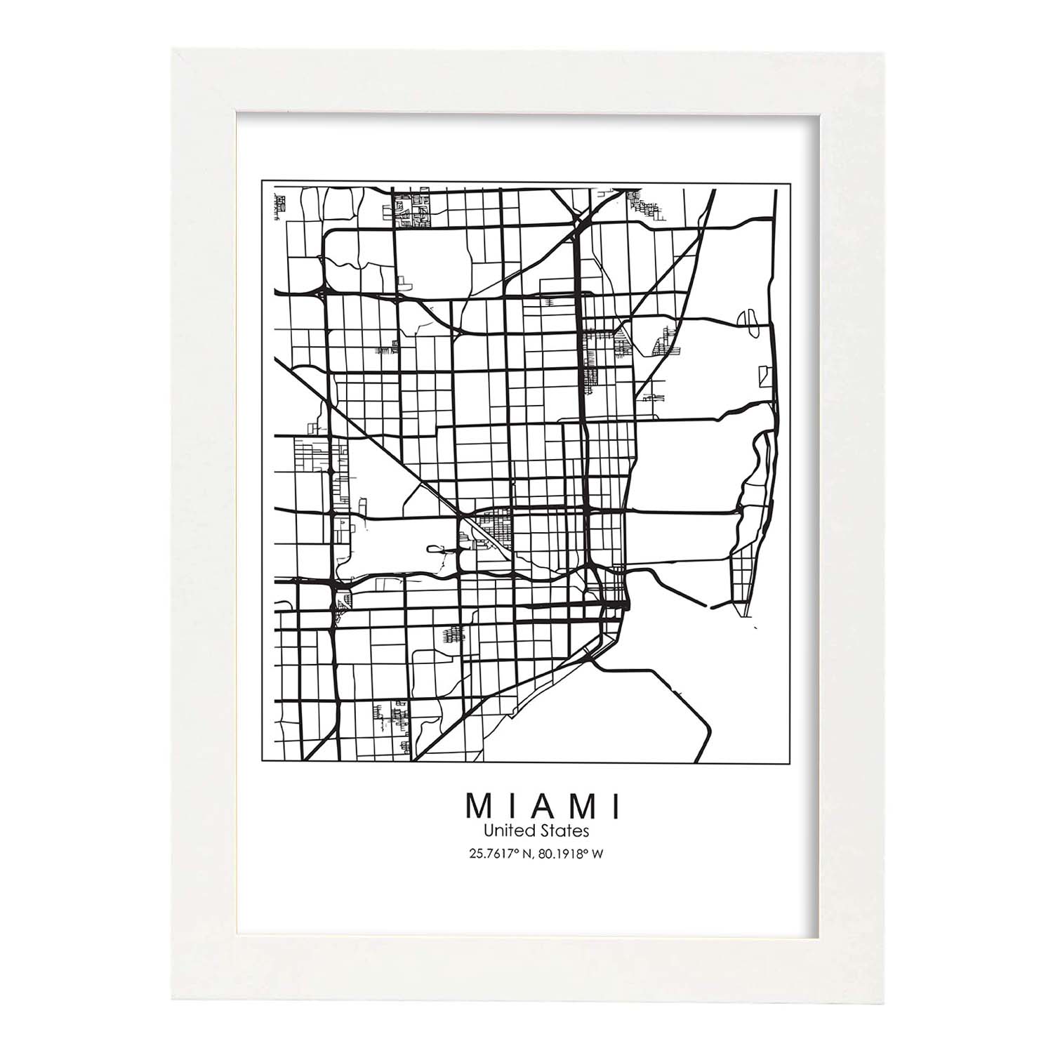 Poster con mapa de Miami. Lámina de Estados Unidos, con imágenes de mapas y carreteras-Artwork-Nacnic-A3-Marco Blanco-Nacnic Estudio SL
