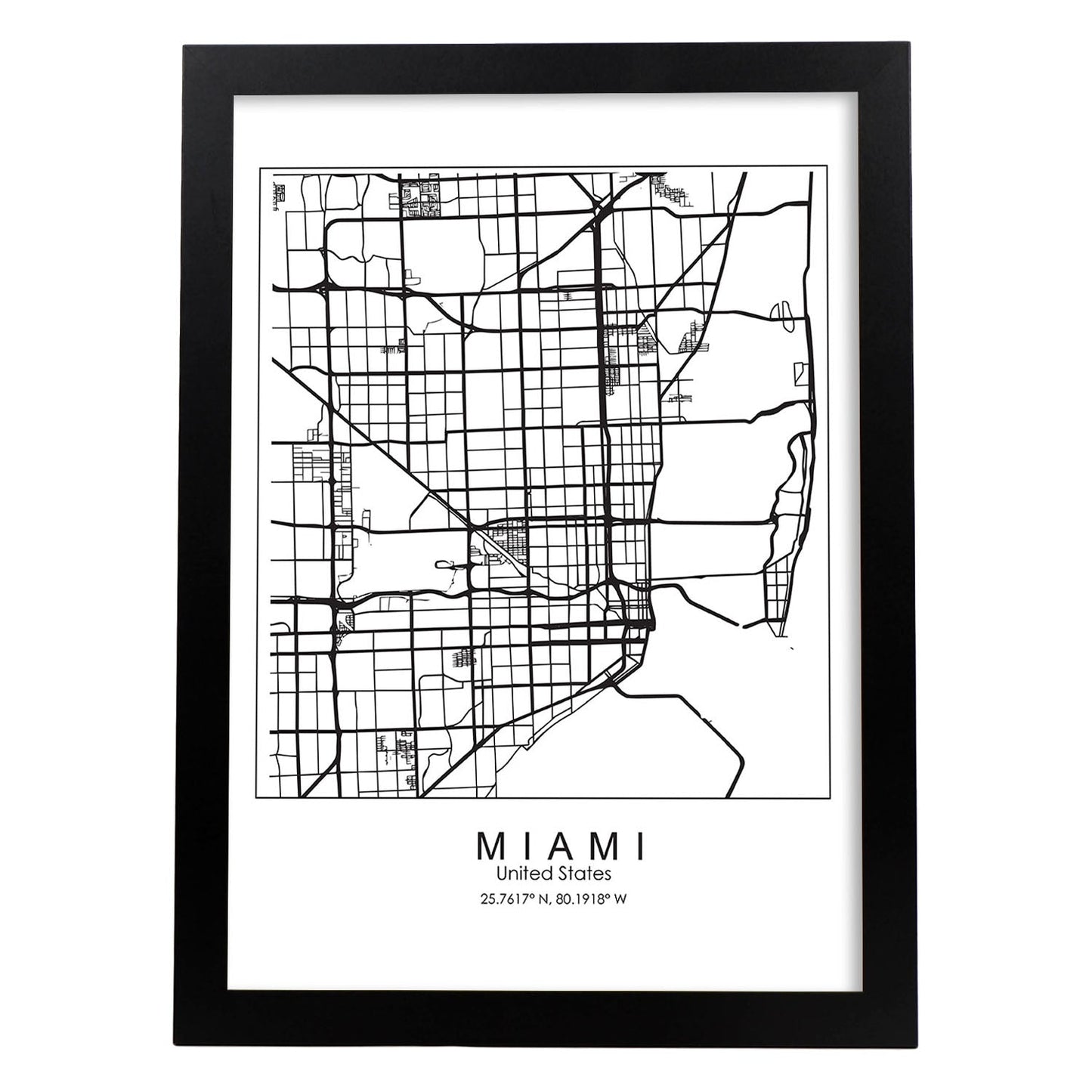Poster con mapa de Miami. Lámina de Estados Unidos, con imágenes de mapas y carreteras-Artwork-Nacnic-A3-Marco Negro-Nacnic Estudio SL