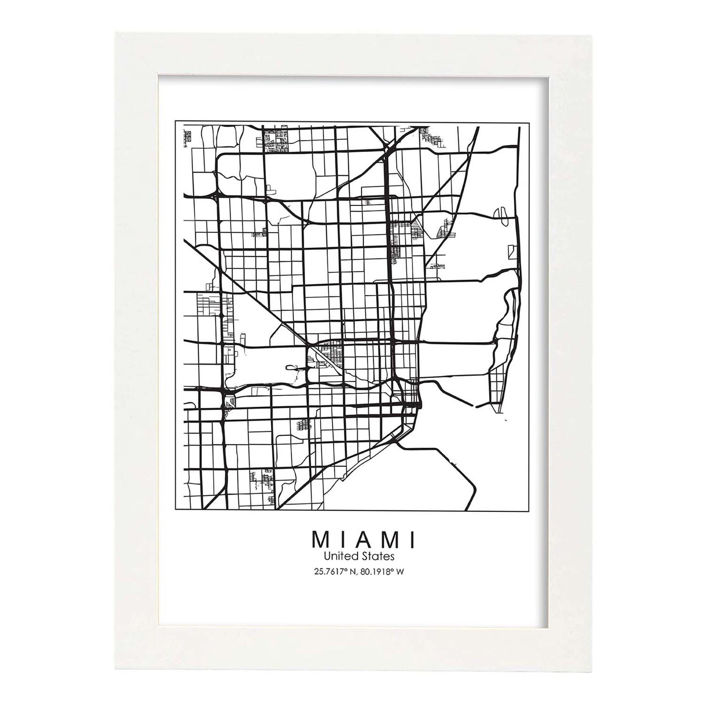 Poster con mapa de Miami. Lámina de Estados Unidos, con imágenes de mapas y carreteras-Artwork-Nacnic-A4-Marco Blanco-Nacnic Estudio SL