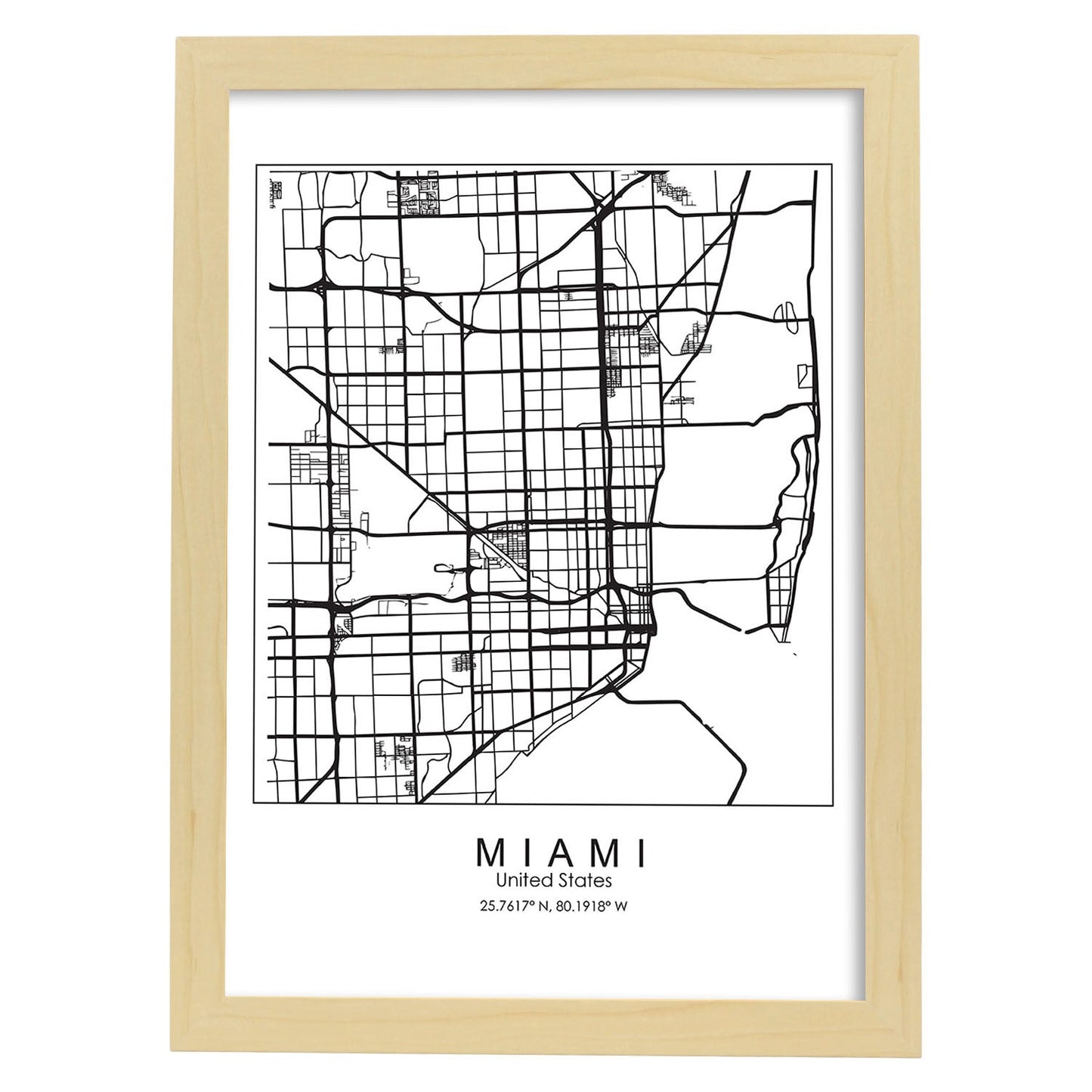 Poster con mapa de Miami. Lámina de Estados Unidos, con imágenes de mapas y carreteras-Artwork-Nacnic-A4-Marco Madera clara-Nacnic Estudio SL