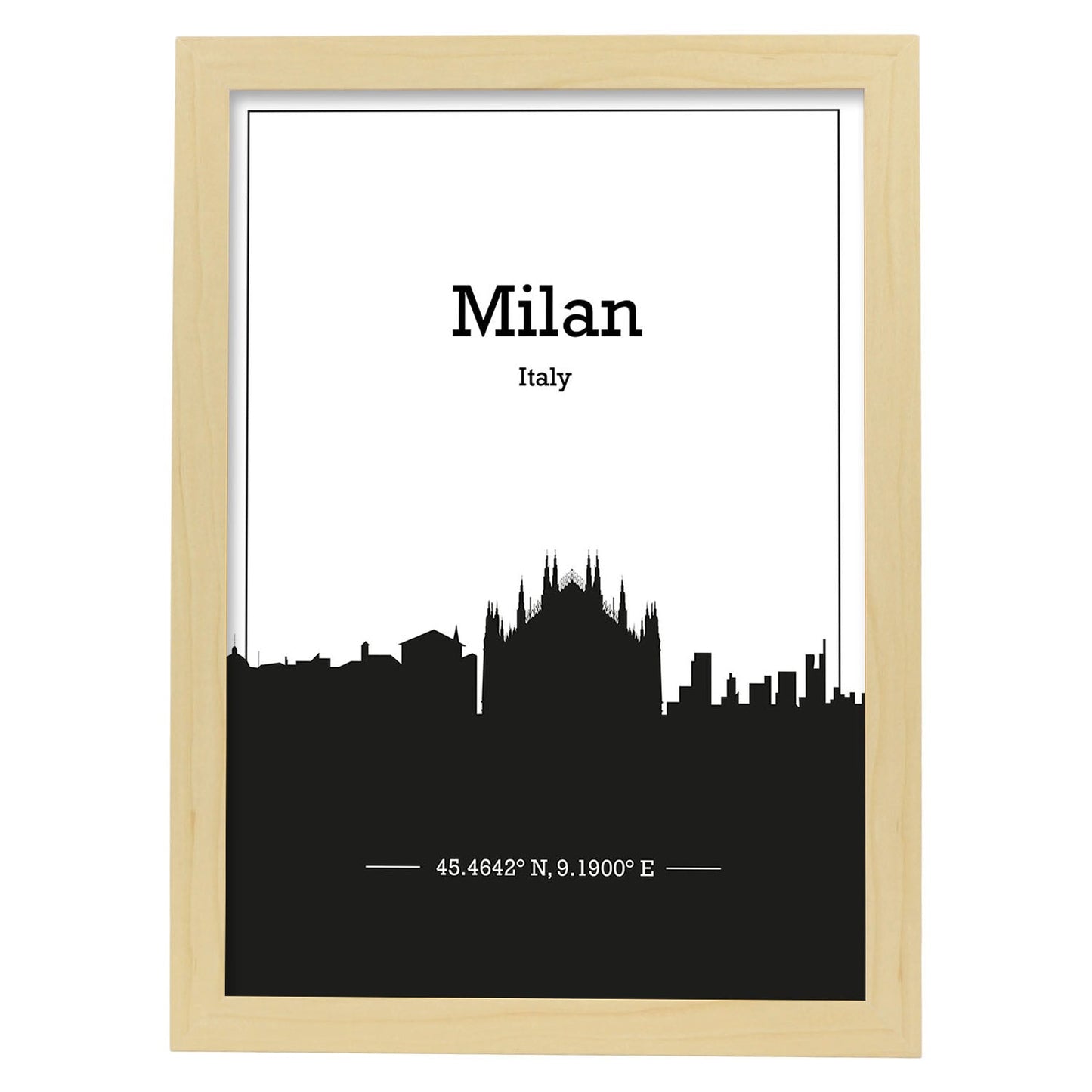 Poster con mapa de Milan - Italia. Láminas con Skyline de ciudades de Italia con sombra negra.-Artwork-Nacnic-A3-Marco Madera clara-Nacnic Estudio SL