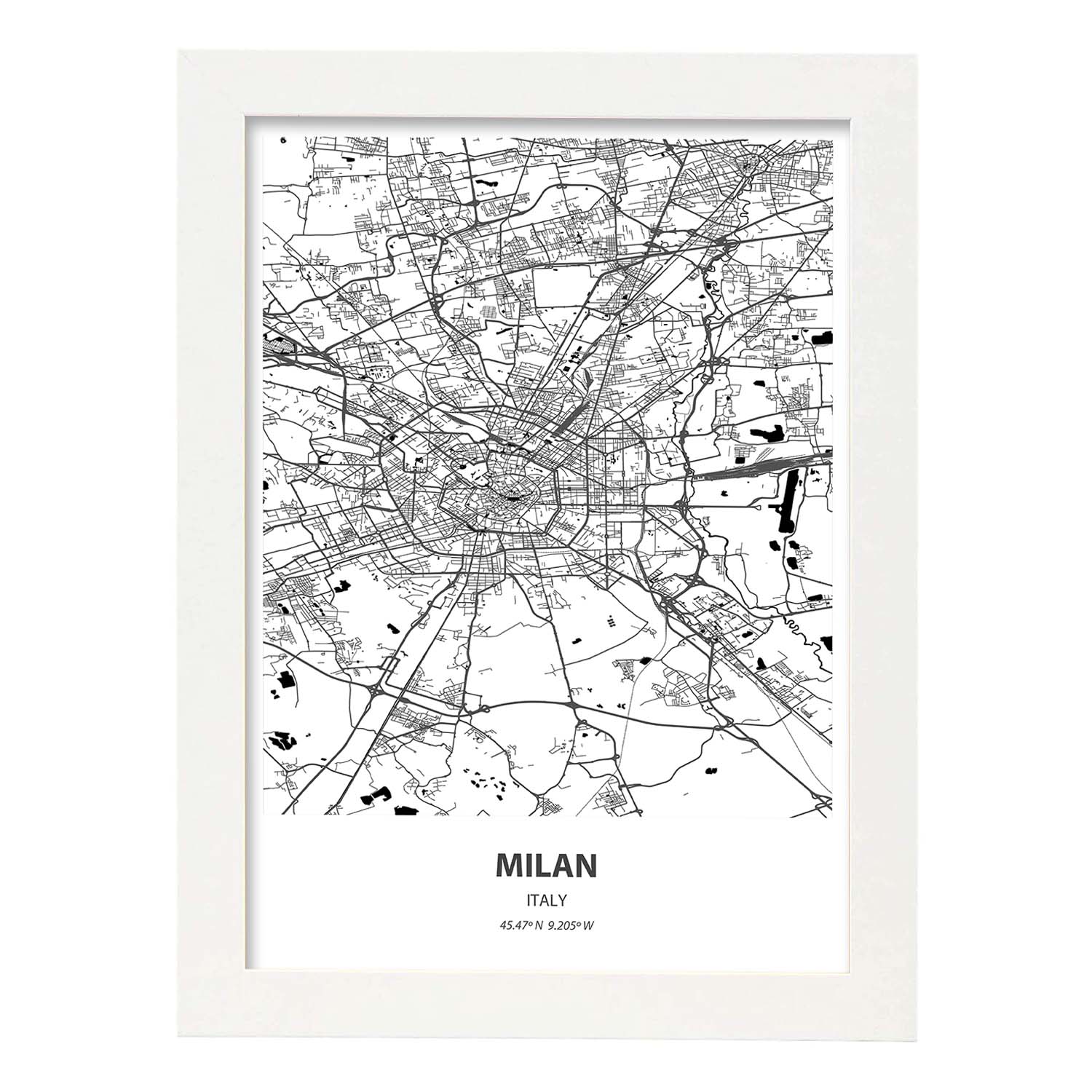 Poster con mapa de Milan - Italia. Láminas de ciudades de Italia con mares y ríos en color negro.-Artwork-Nacnic-A3-Marco Blanco-Nacnic Estudio SL