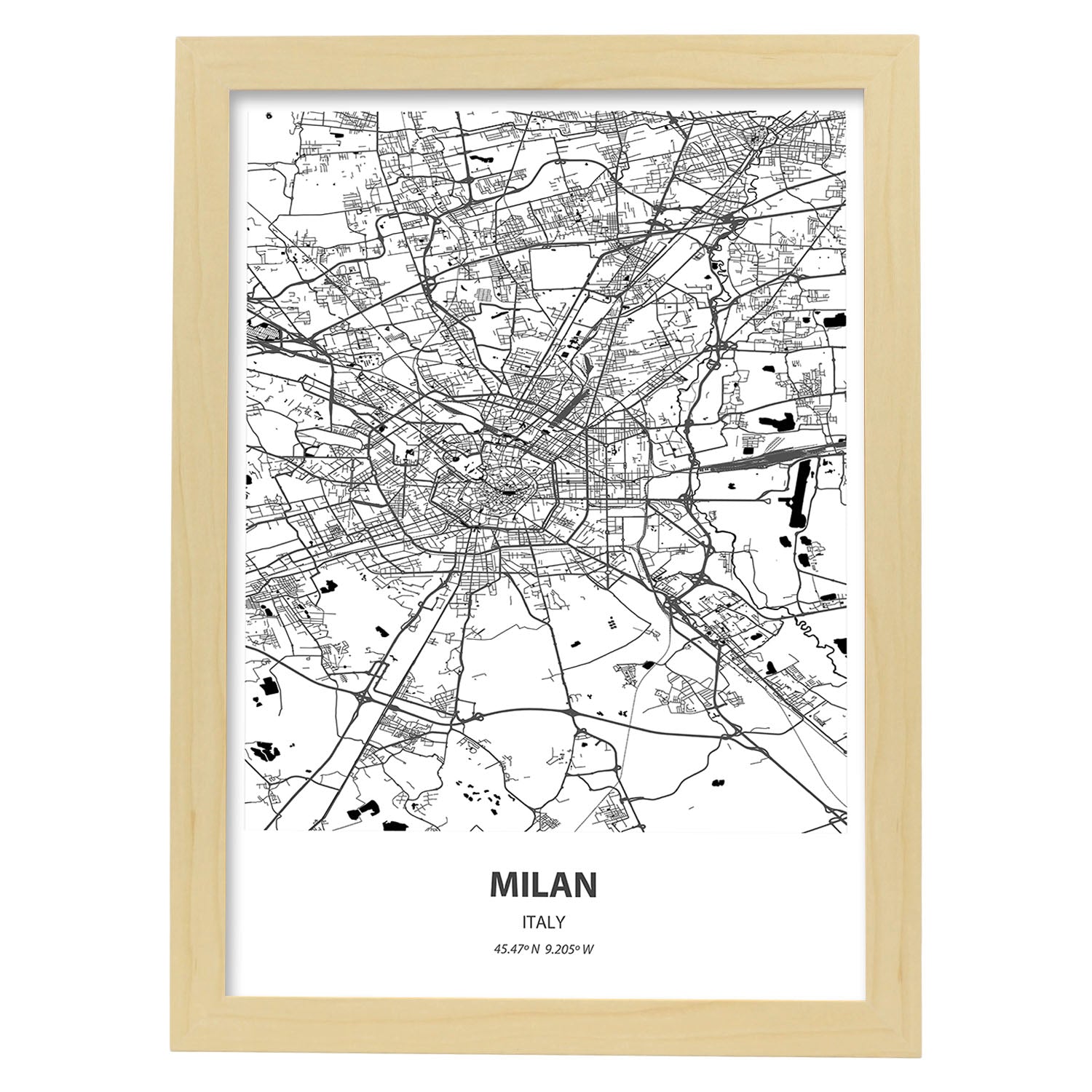 Poster con mapa de Milan - Italia. Láminas de ciudades de Italia con mares y ríos en color negro.-Artwork-Nacnic-A3-Marco Madera clara-Nacnic Estudio SL