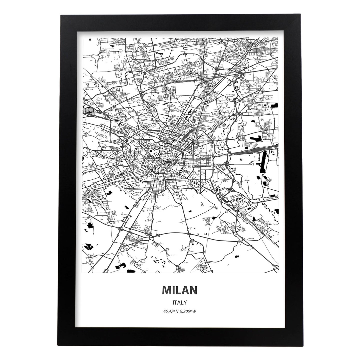 Poster con mapa de Milan - Italia. Láminas de ciudades de Italia con mares y ríos en color negro.-Artwork-Nacnic-A3-Marco Negro-Nacnic Estudio SL