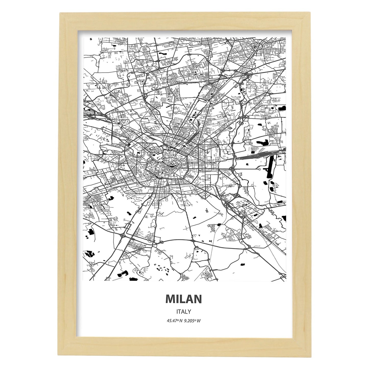 Poster con mapa de Milan - Italia. Láminas de ciudades de Italia con mares y ríos en color negro.-Artwork-Nacnic-A4-Marco Madera clara-Nacnic Estudio SL