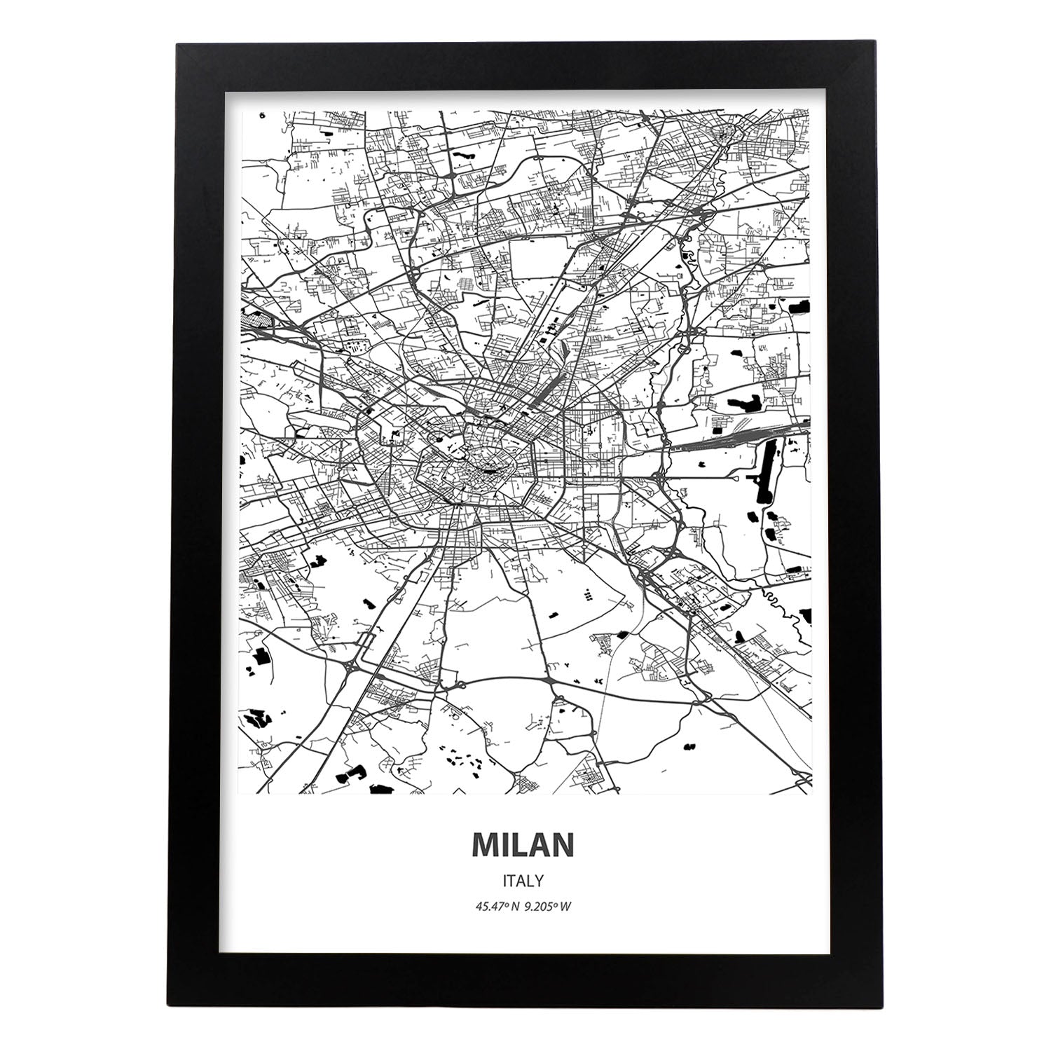Poster con mapa de Milan - Italia. Láminas de ciudades de Italia con mares y ríos en color negro.-Artwork-Nacnic-A4-Marco Negro-Nacnic Estudio SL