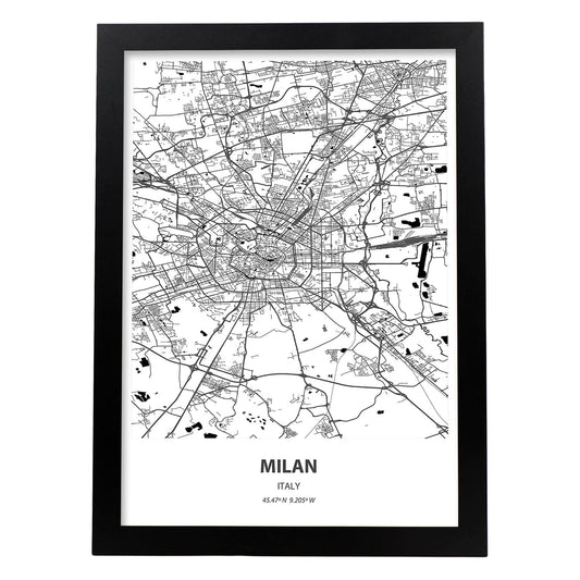 Poster con mapa de Milan - Italia. Láminas de ciudades de Italia con mares y ríos en color negro.-Artwork-Nacnic-A4-Marco Negro-Nacnic Estudio SL