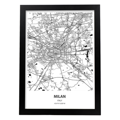 Poster con mapa de Milan - Italia. Láminas de ciudades de Italia con mares y ríos en color negro.-Artwork-Nacnic-A4-Marco Negro-Nacnic Estudio SL