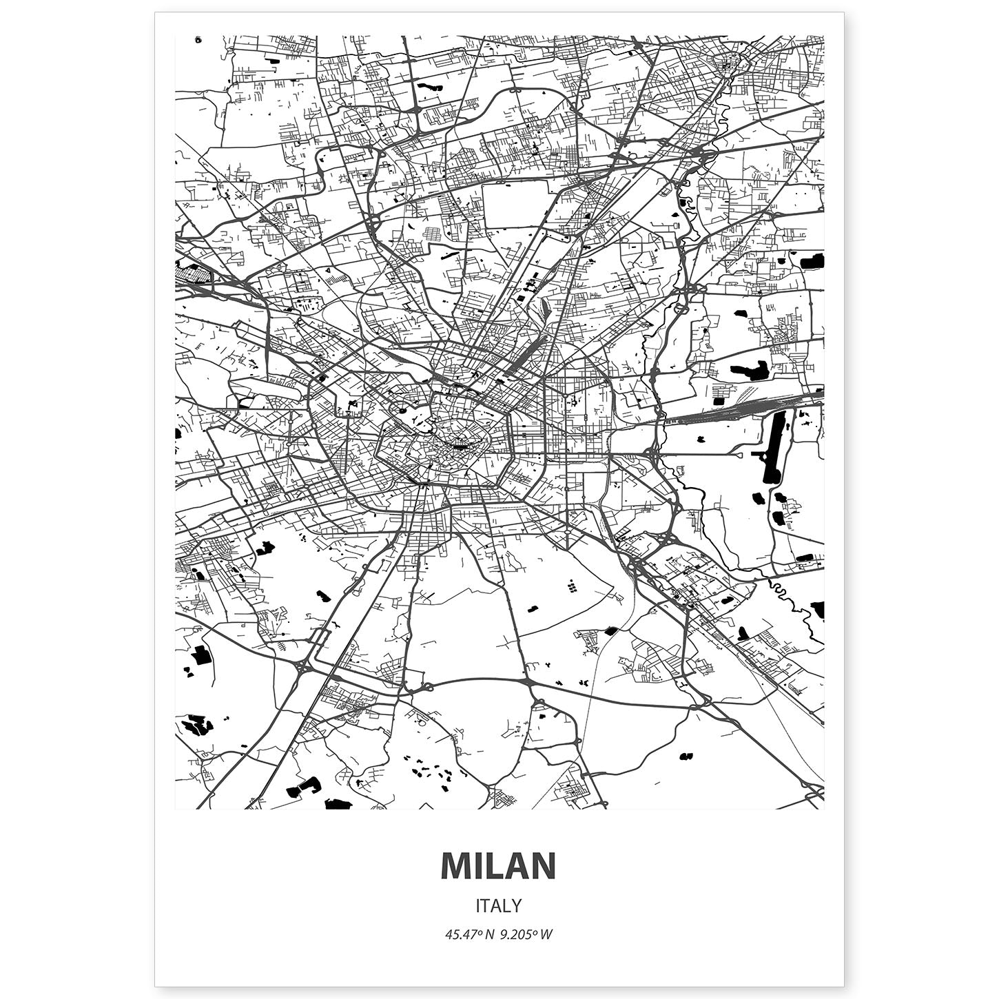 Poster con mapa de Milan - Italia. Láminas de ciudades de Italia con mares y ríos en color negro.-Artwork-Nacnic-A4-Sin marco-Nacnic Estudio SL