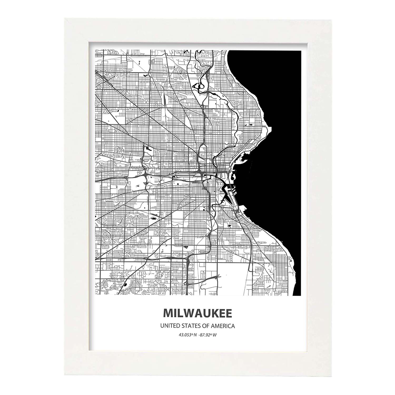 Poster con mapa de Milwaukee - USA. Láminas de ciudades de Estados Unidos con mares y ríos en color negro.-Artwork-Nacnic-A3-Marco Blanco-Nacnic Estudio SL