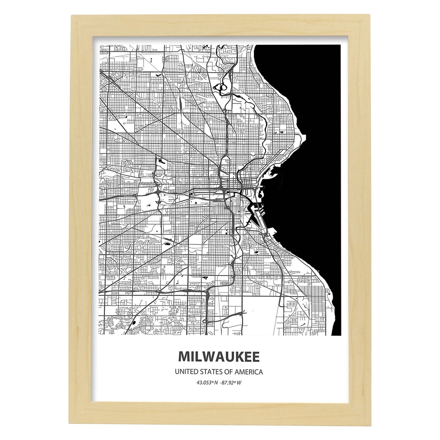 Poster con mapa de Milwaukee - USA. Láminas de ciudades de Estados Unidos con mares y ríos en color negro.-Artwork-Nacnic-A3-Marco Madera clara-Nacnic Estudio SL