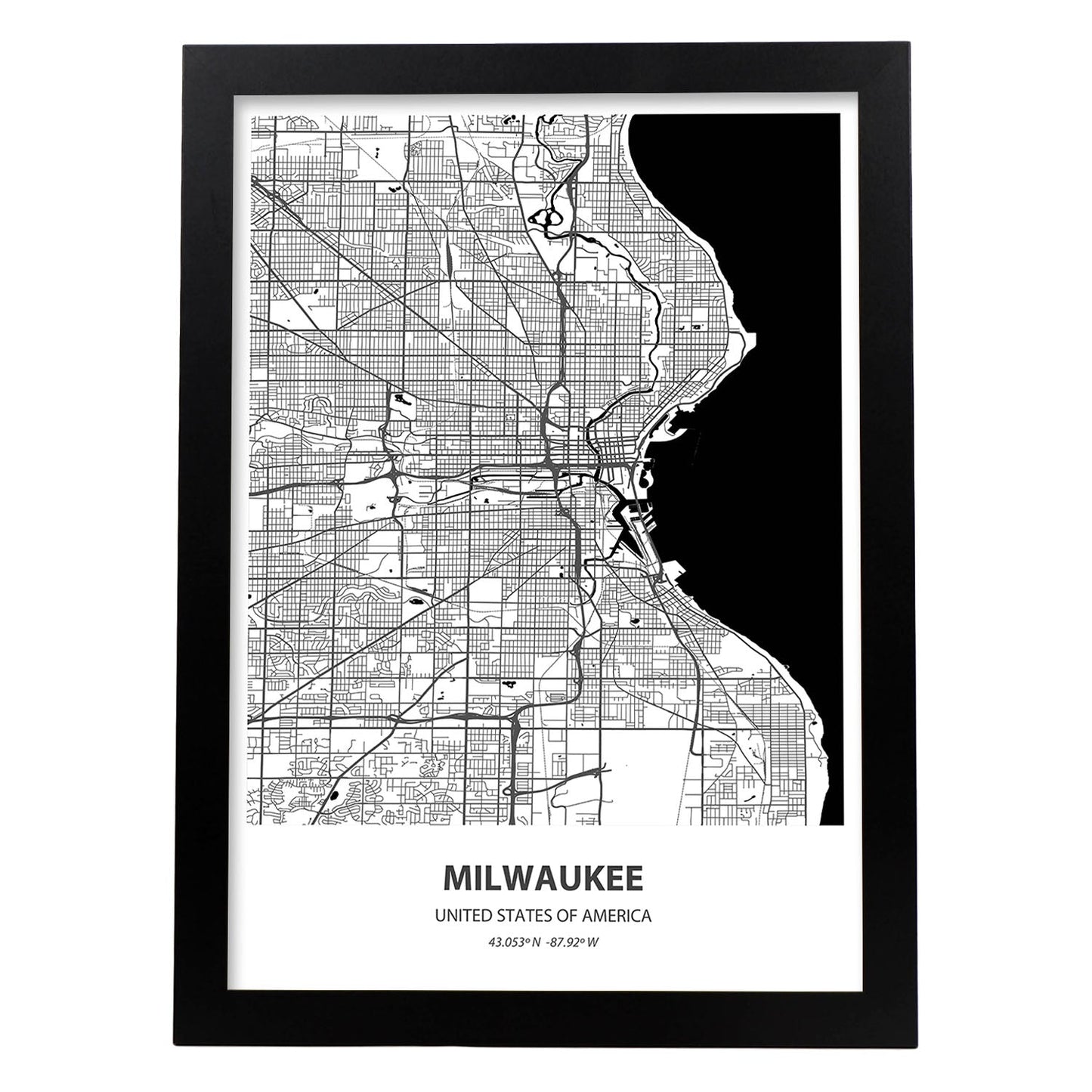 Poster con mapa de Milwaukee - USA. Láminas de ciudades de Estados Unidos con mares y ríos en color negro.-Artwork-Nacnic-A3-Marco Negro-Nacnic Estudio SL