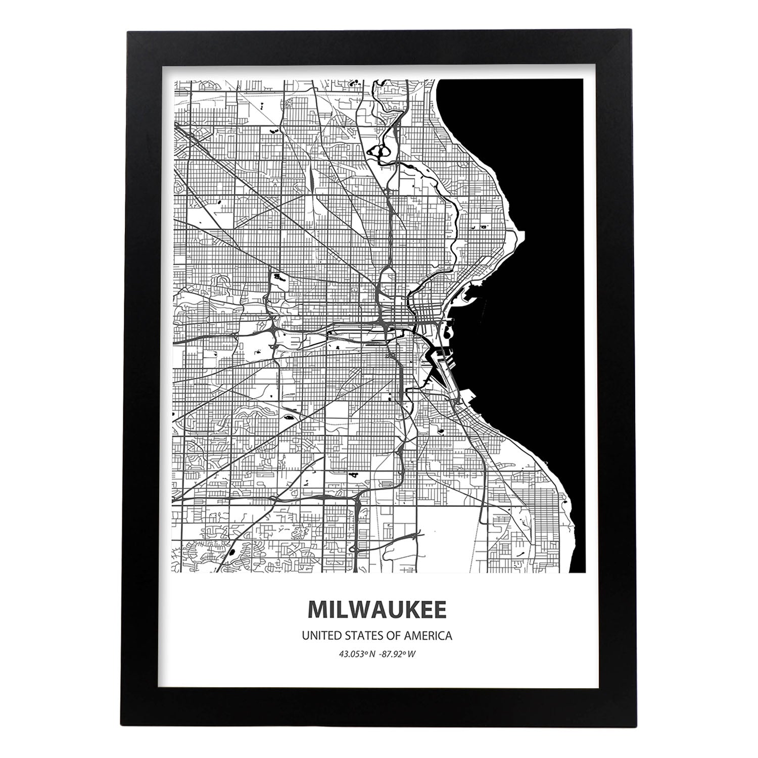 Poster con mapa de Milwaukee - USA. Láminas de ciudades de Estados Unidos con mares y ríos en color negro.-Artwork-Nacnic-A3-Marco Negro-Nacnic Estudio SL