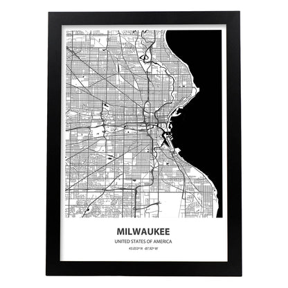 Poster con mapa de Milwaukee - USA. Láminas de ciudades de Estados Unidos con mares y ríos en color negro.-Artwork-Nacnic-A4-Marco Negro-Nacnic Estudio SL