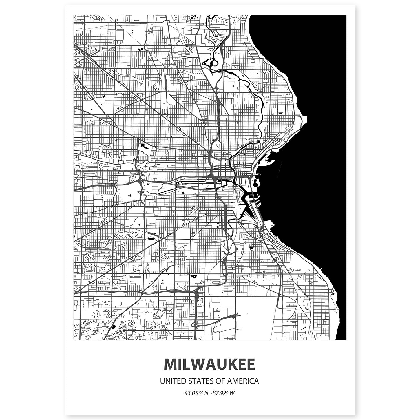 Poster con mapa de Milwaukee - USA. Láminas de ciudades de Estados Unidos con mares y ríos en color negro.-Artwork-Nacnic-A4-Sin marco-Nacnic Estudio SL