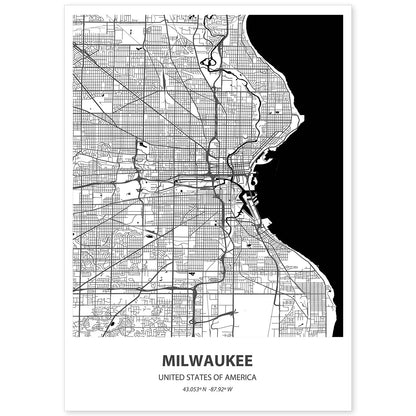 Poster con mapa de Milwaukee - USA. Láminas de ciudades de Estados Unidos con mares y ríos en color negro.-Artwork-Nacnic-A4-Sin marco-Nacnic Estudio SL