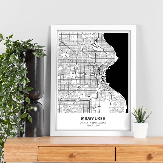 Poster con mapa de Milwaukee - USA. Láminas de ciudades de Estados Unidos con mares y ríos en color negro.-Artwork-Nacnic-Nacnic Estudio SL