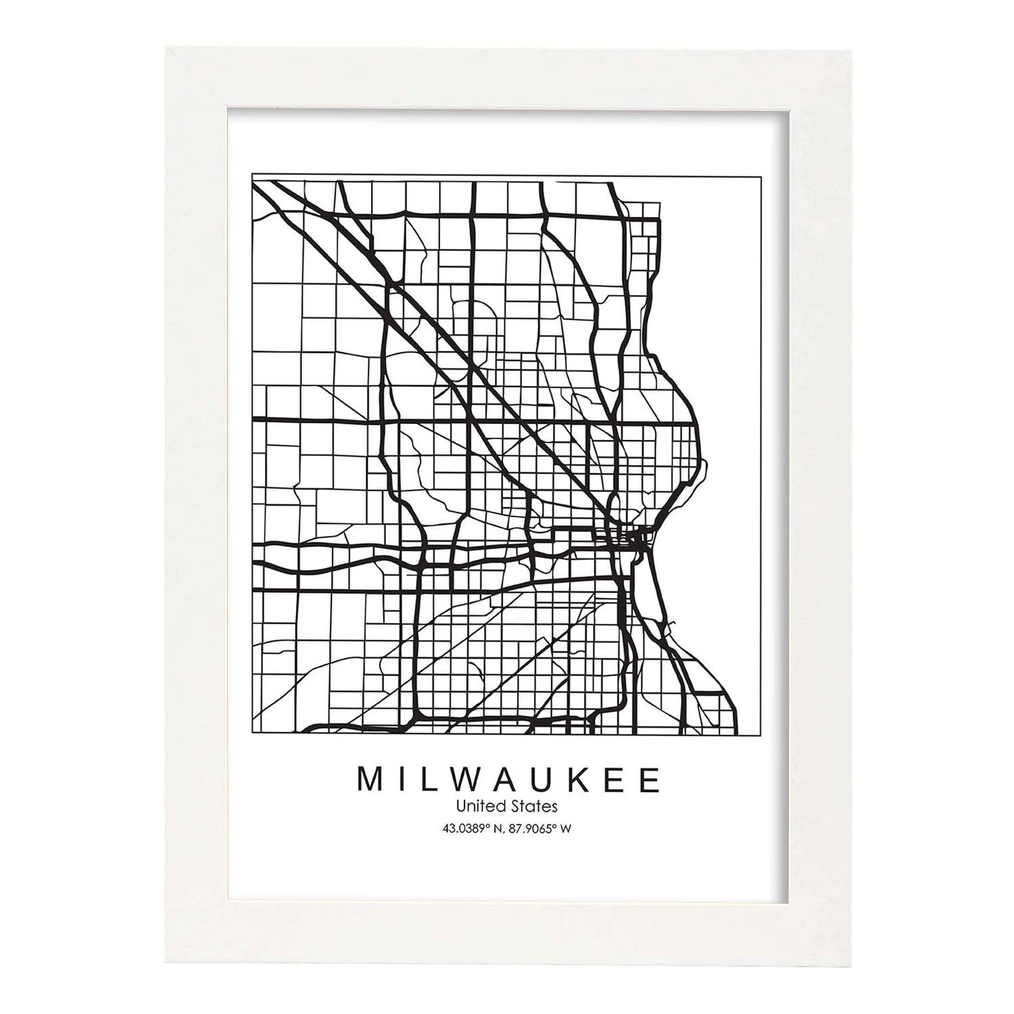 Poster con mapa de Milwaukee. Lámina de Estados Unidos, con imágenes de mapas y carreteras-Artwork-Nacnic-A3-Marco Blanco-Nacnic Estudio SL