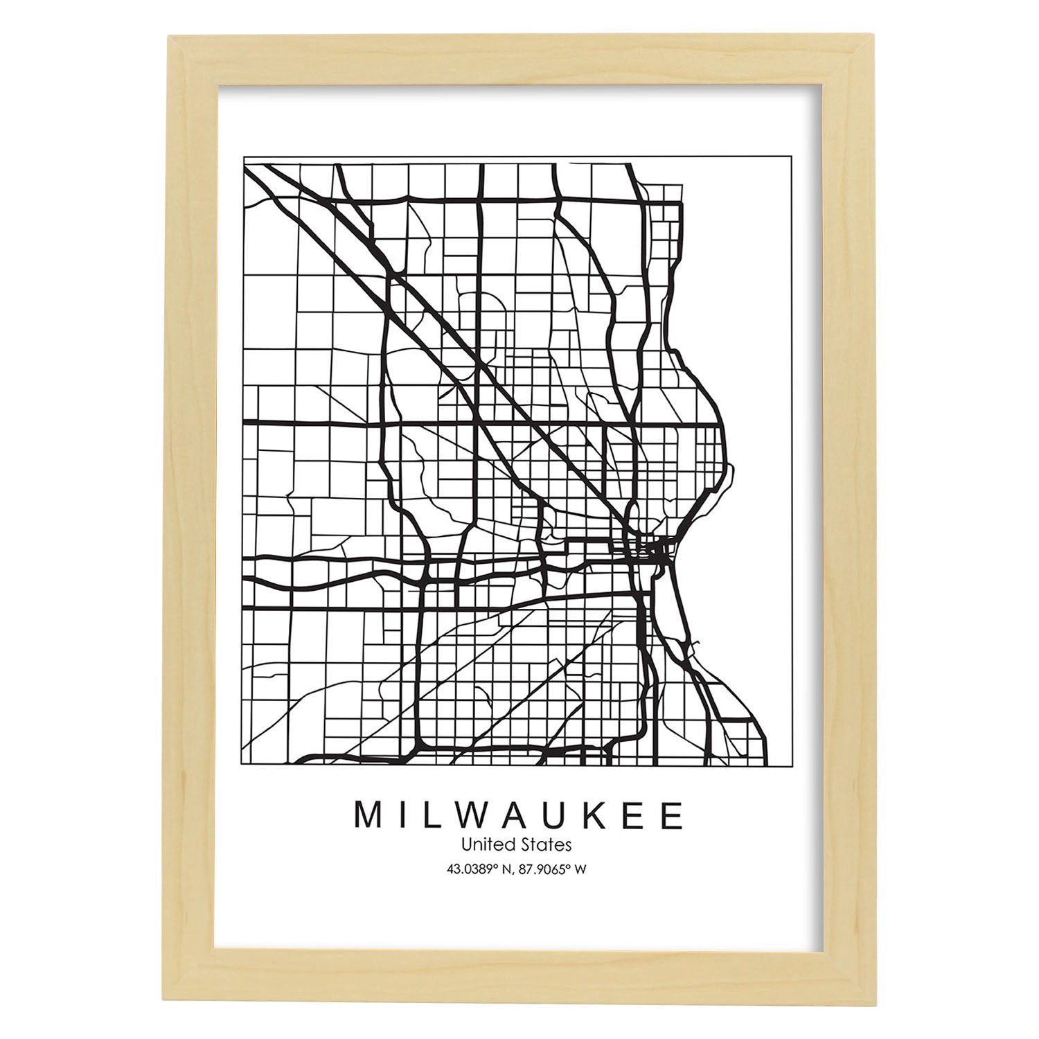 Poster con mapa de Milwaukee. Lámina de Estados Unidos, con imágenes de mapas y carreteras-Artwork-Nacnic-A3-Marco Madera clara-Nacnic Estudio SL