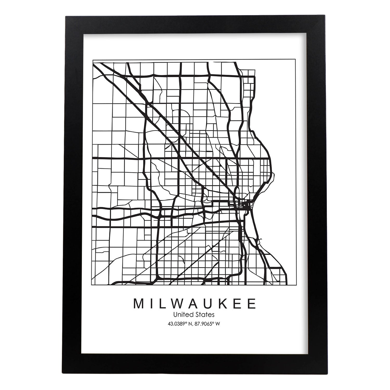 Poster con mapa de Milwaukee. Lámina de Estados Unidos, con imágenes de mapas y carreteras-Artwork-Nacnic-A3-Marco Negro-Nacnic Estudio SL