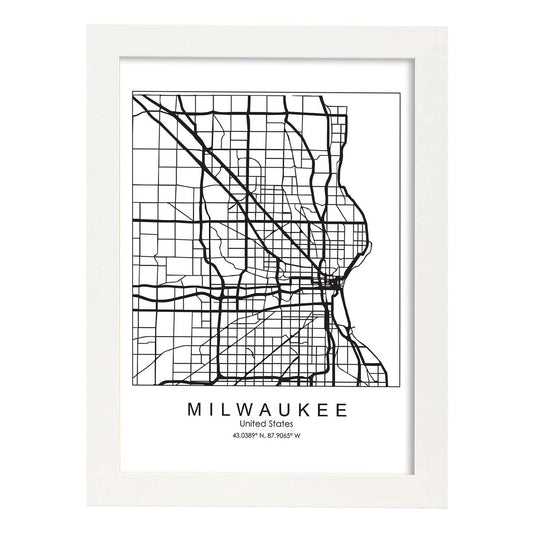 Poster con mapa de Milwaukee. Lámina de Estados Unidos, con imágenes de mapas y carreteras-Artwork-Nacnic-A4-Marco Blanco-Nacnic Estudio SL