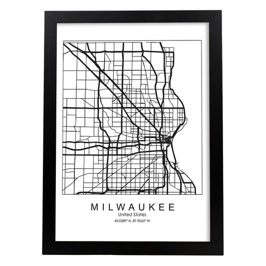 Poster con mapa de Milwaukee. Lámina de Estados Unidos, con imágenes de mapas y carreteras-Artwork-Nacnic-A4-Marco Negro-Nacnic Estudio SL