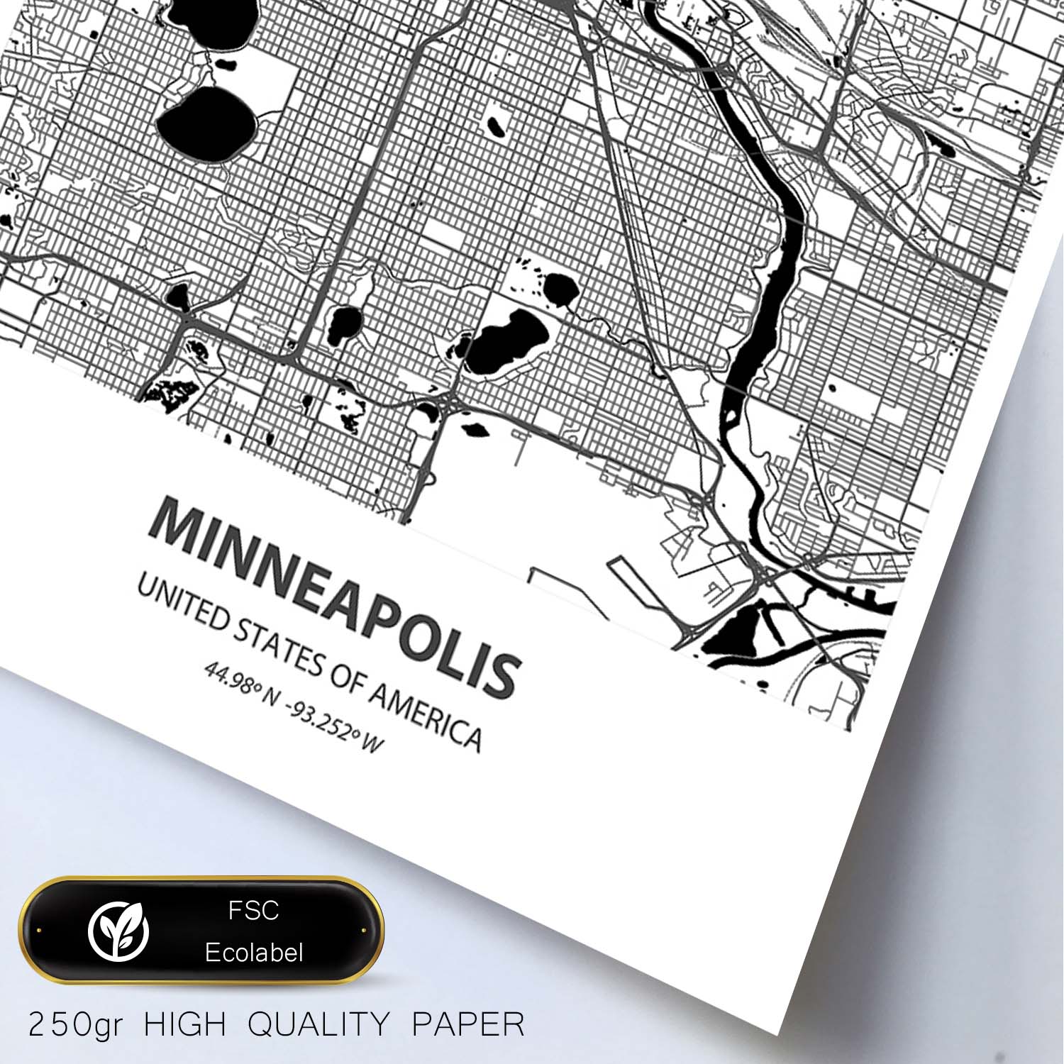 Poster con mapa de Minneapolis - USA. Láminas de ciudades de Estados Unidos con mares y ríos en color negro.-Artwork-Nacnic-Nacnic Estudio SL