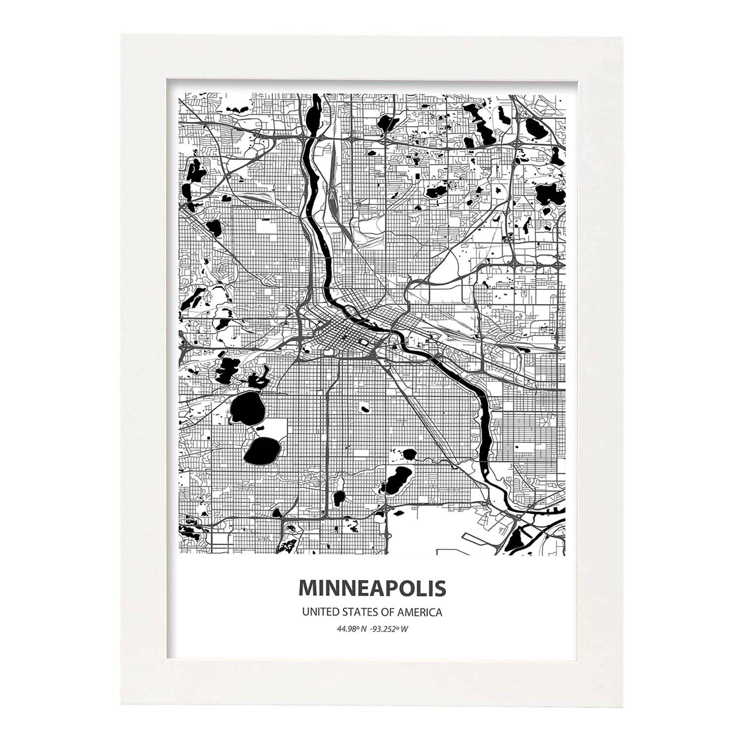 Poster con mapa de Minneapolis - USA. Láminas de ciudades de Estados Unidos con mares y ríos en color negro.-Artwork-Nacnic-A3-Marco Blanco-Nacnic Estudio SL