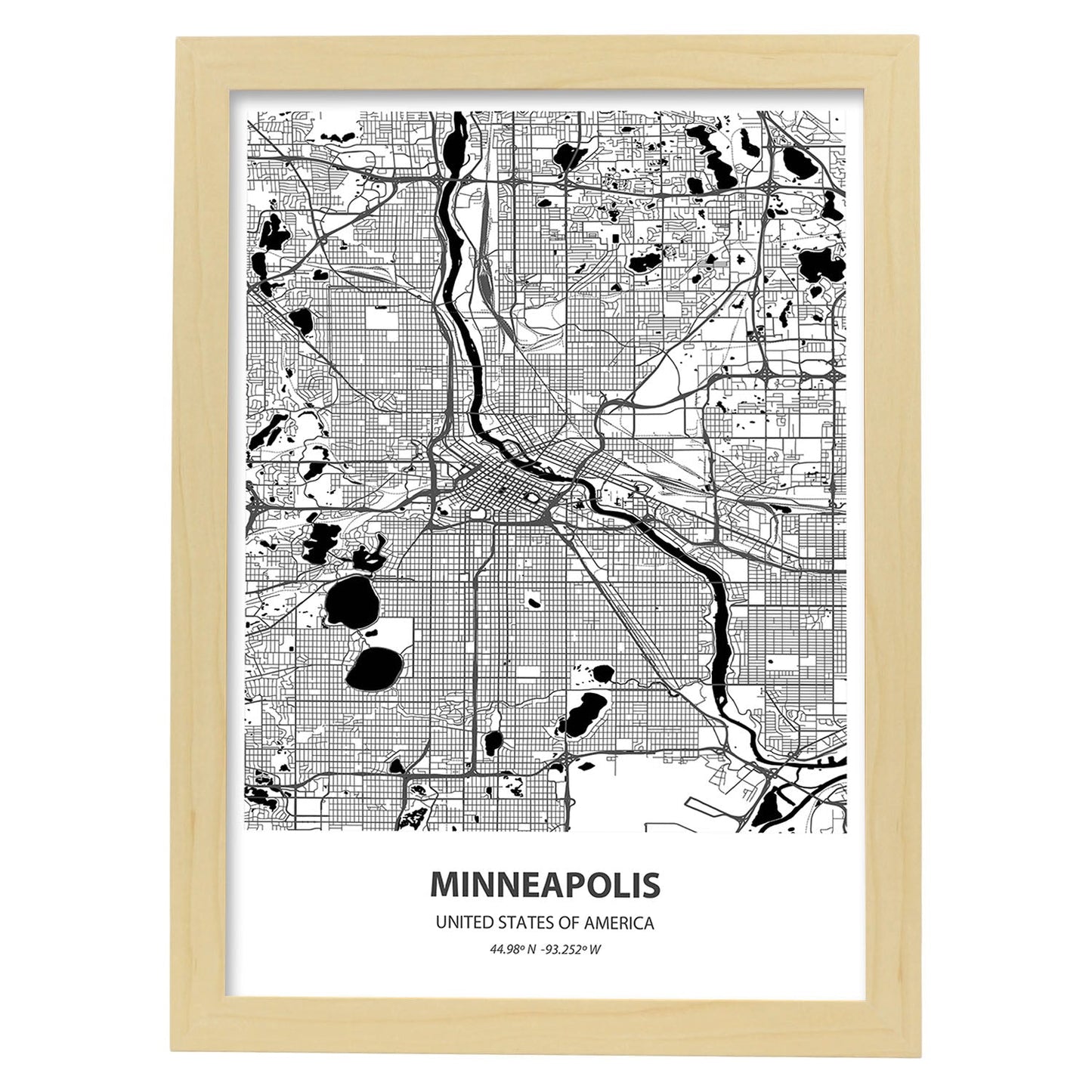 Poster con mapa de Minneapolis - USA. Láminas de ciudades de Estados Unidos con mares y ríos en color negro.-Artwork-Nacnic-A3-Marco Madera clara-Nacnic Estudio SL