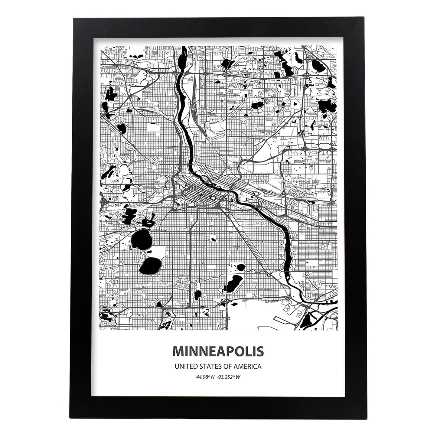 Poster con mapa de Minneapolis - USA. Láminas de ciudades de Estados Unidos con mares y ríos en color negro.-Artwork-Nacnic-A3-Marco Negro-Nacnic Estudio SL
