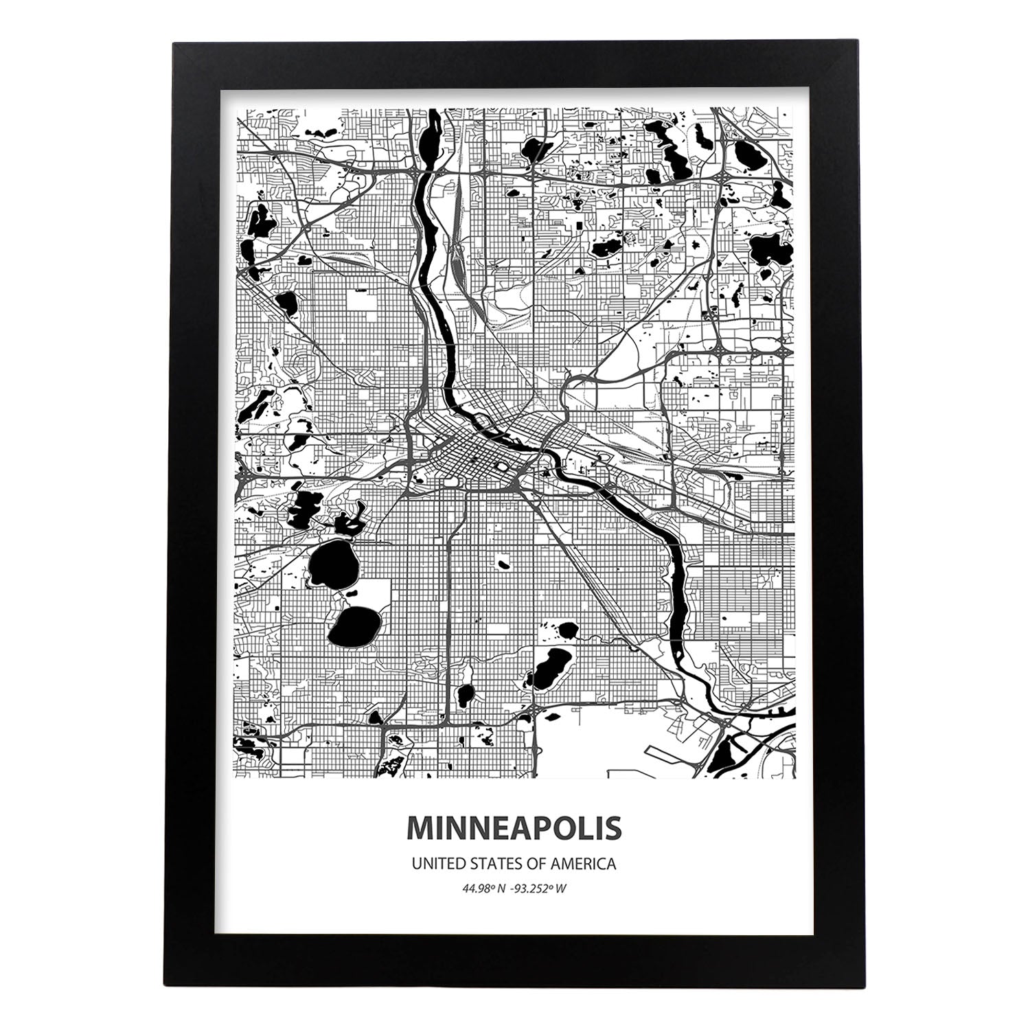 Poster con mapa de Minneapolis - USA. Láminas de ciudades de Estados Unidos con mares y ríos en color negro.-Artwork-Nacnic-A3-Marco Negro-Nacnic Estudio SL