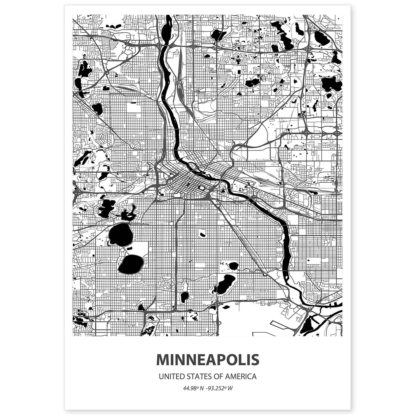 Poster con mapa de Minneapolis - USA. Láminas de ciudades de Estados Unidos con mares y ríos en color negro.-Artwork-Nacnic-A4-Sin marco-Nacnic Estudio SL