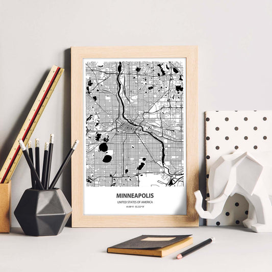 Poster con mapa de Minneapolis - USA. Láminas de ciudades de Estados Unidos con mares y ríos en color negro.-Artwork-Nacnic-Nacnic Estudio SL
