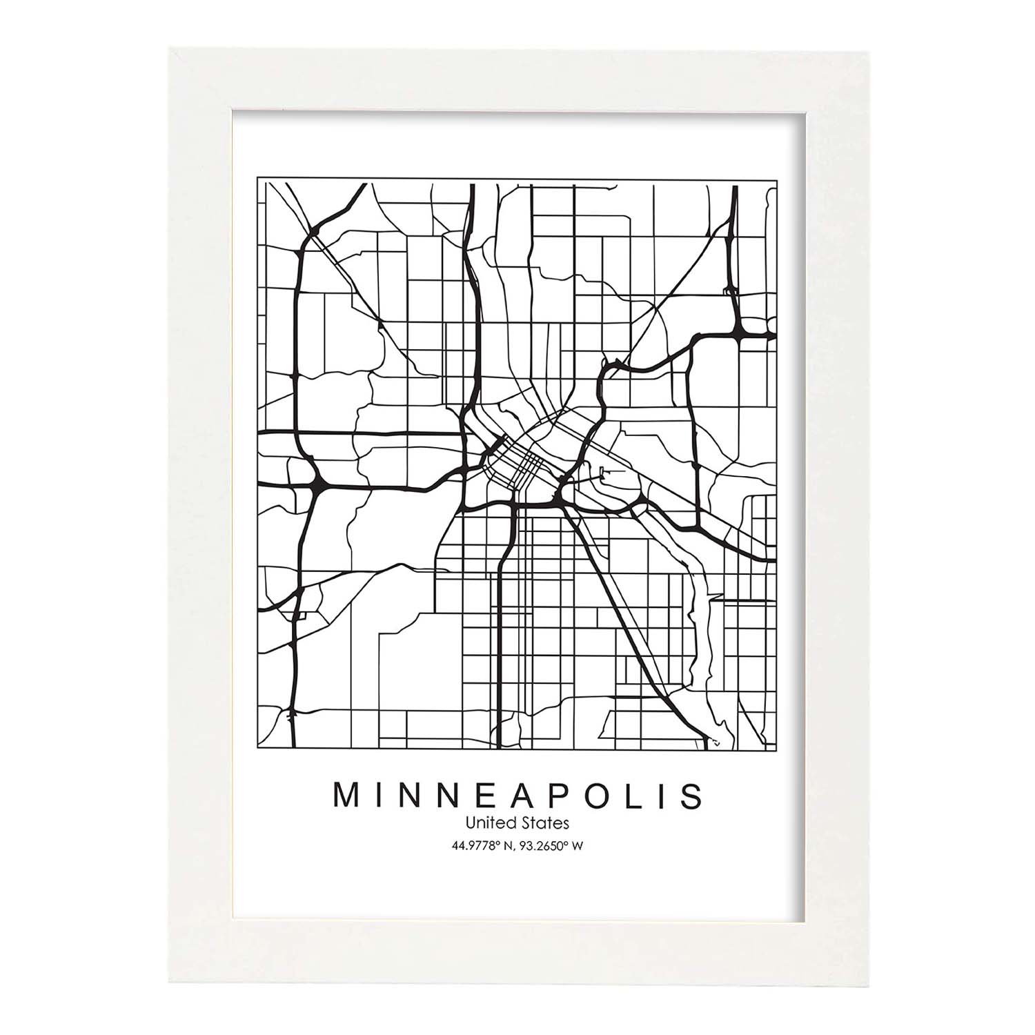 Poster con mapa de Minneapolis. Lámina de Estados Unidos, con imágenes de mapas y carreteras-Artwork-Nacnic-A3-Marco Blanco-Nacnic Estudio SL