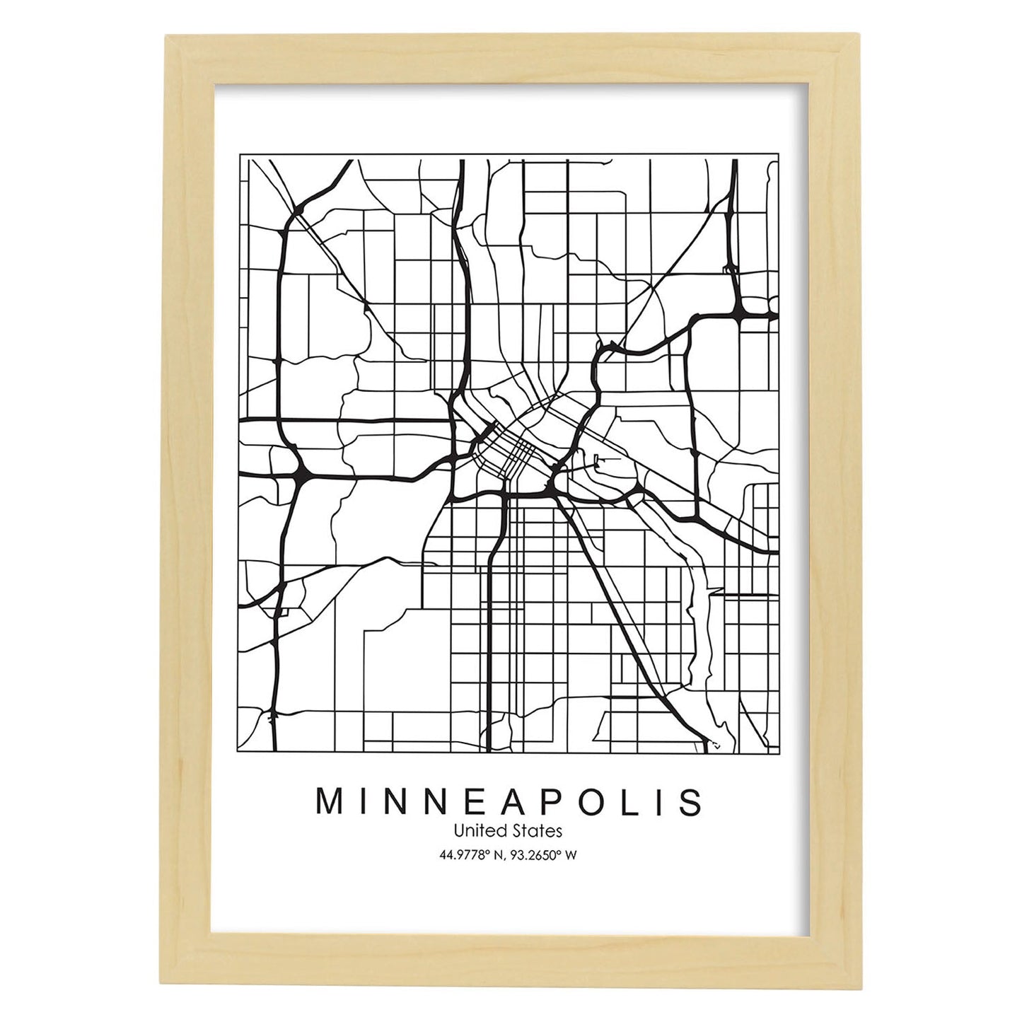 Poster con mapa de Minneapolis. Lámina de Estados Unidos, con imágenes de mapas y carreteras-Artwork-Nacnic-A3-Marco Madera clara-Nacnic Estudio SL