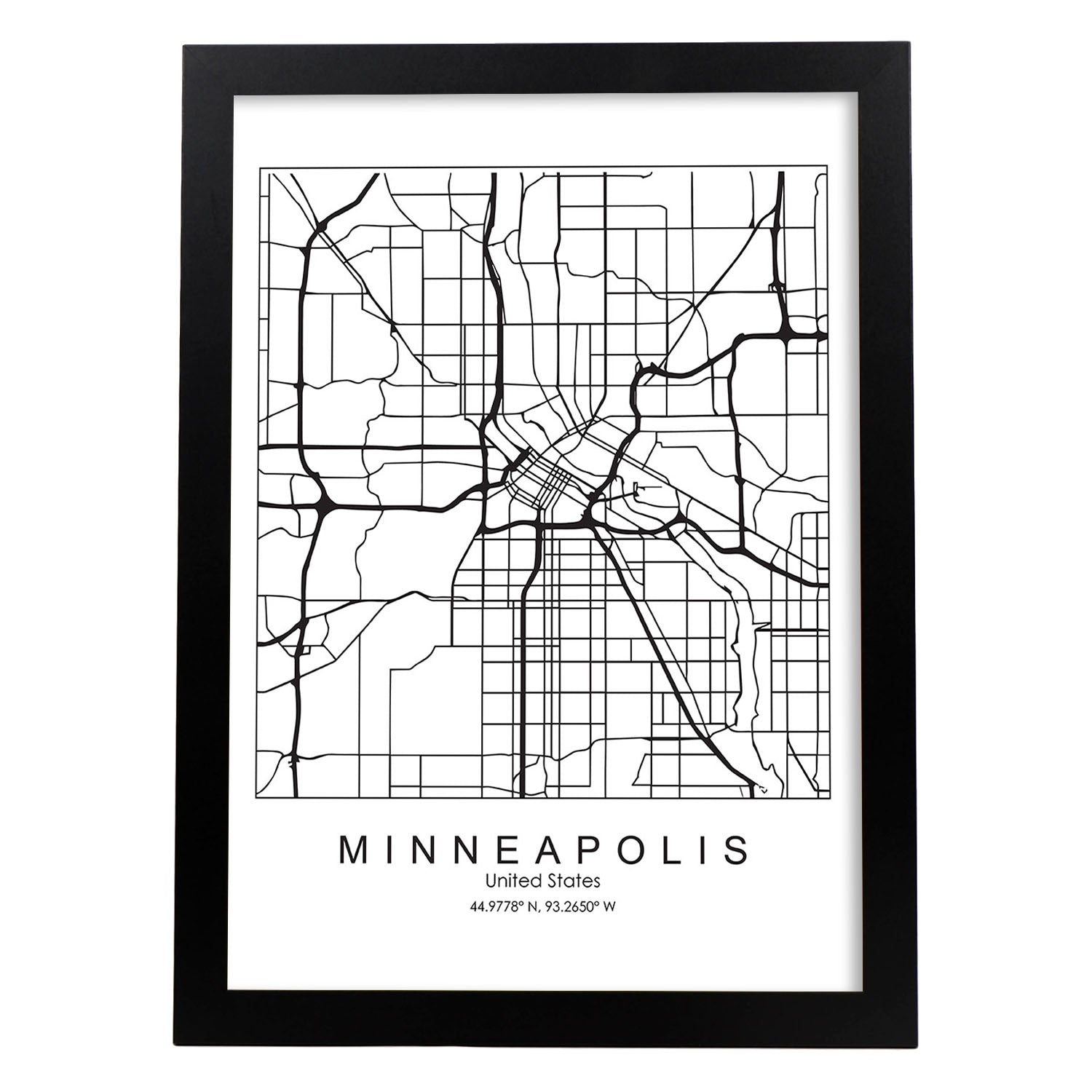 Poster con mapa de Minneapolis. Lámina de Estados Unidos, con imágenes de mapas y carreteras-Artwork-Nacnic-A3-Marco Negro-Nacnic Estudio SL