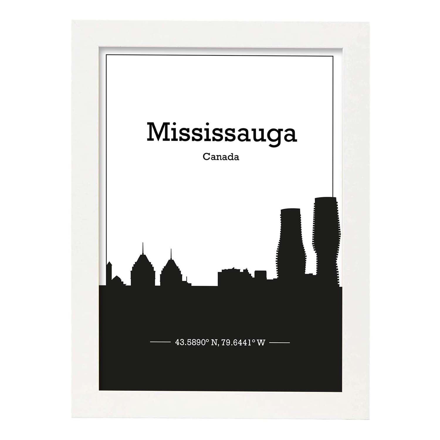 Poster con mapa de Mississauga - Canada. Láminas con Skyline de ciudades de Estados Unidos, Canada, Mexico con sombra negra.-Artwork-Nacnic-A3-Marco Blanco-Nacnic Estudio SL