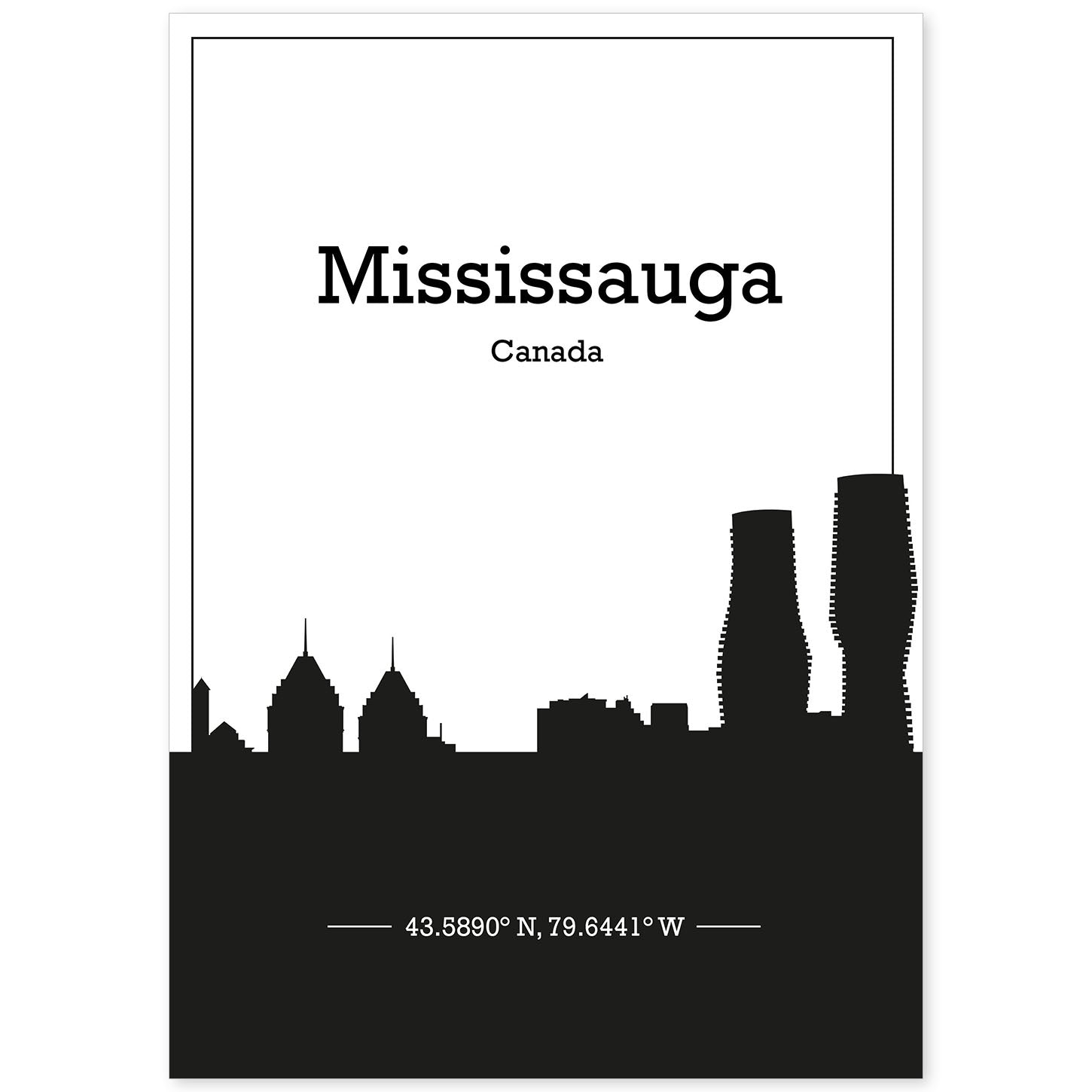 Poster con mapa de Mississauga - Canada. Láminas con Skyline de ciudades de Estados Unidos, Canada, Mexico con sombra negra.-Artwork-Nacnic-A4-Sin marco-Nacnic Estudio SL