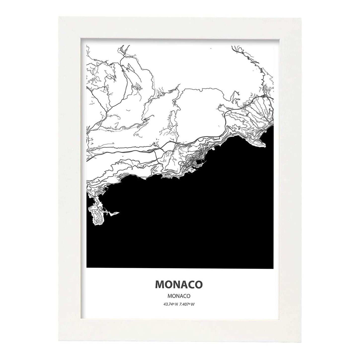 Poster con mapa de Monaco - Monaco. Láminas de ciudades de Europa con mares y ríos en color negro.-Artwork-Nacnic-A3-Marco Blanco-Nacnic Estudio SL