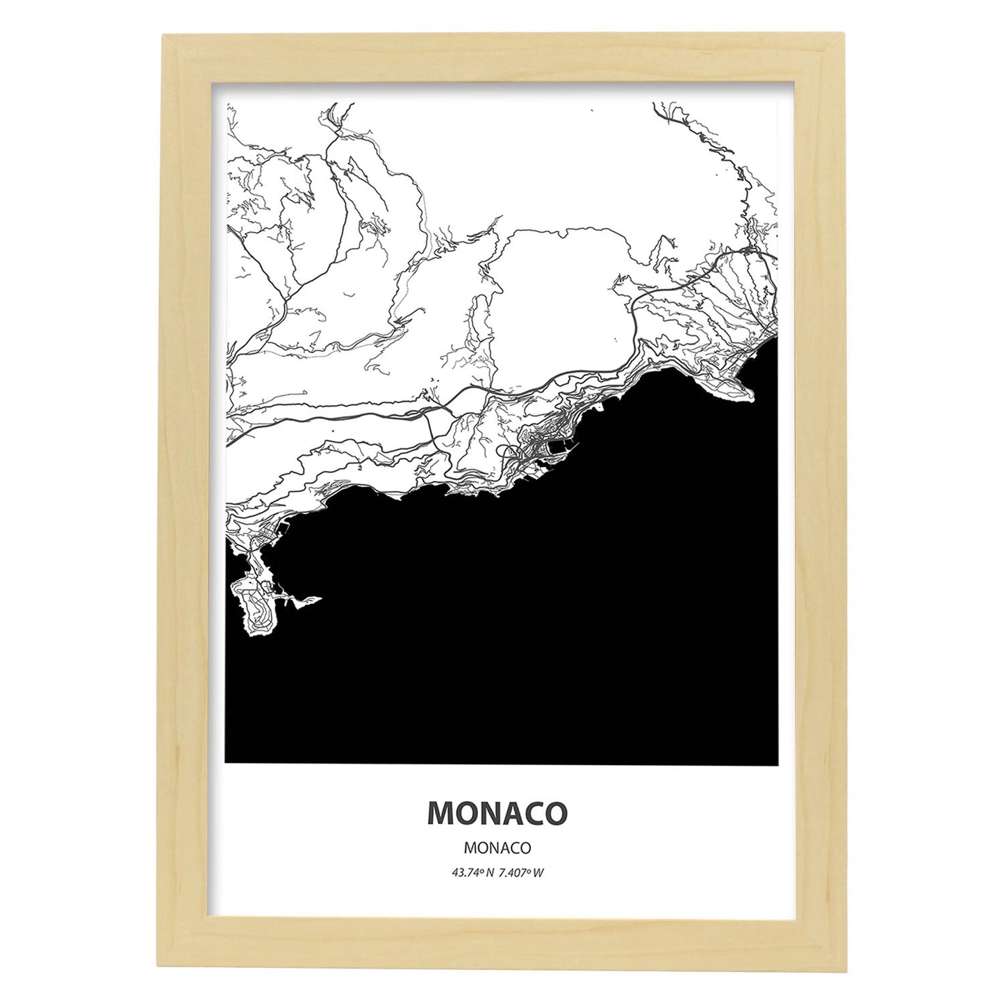 Poster con mapa de Monaco - Monaco. Láminas de ciudades de Europa con mares y ríos en color negro.-Artwork-Nacnic-A3-Marco Madera clara-Nacnic Estudio SL
