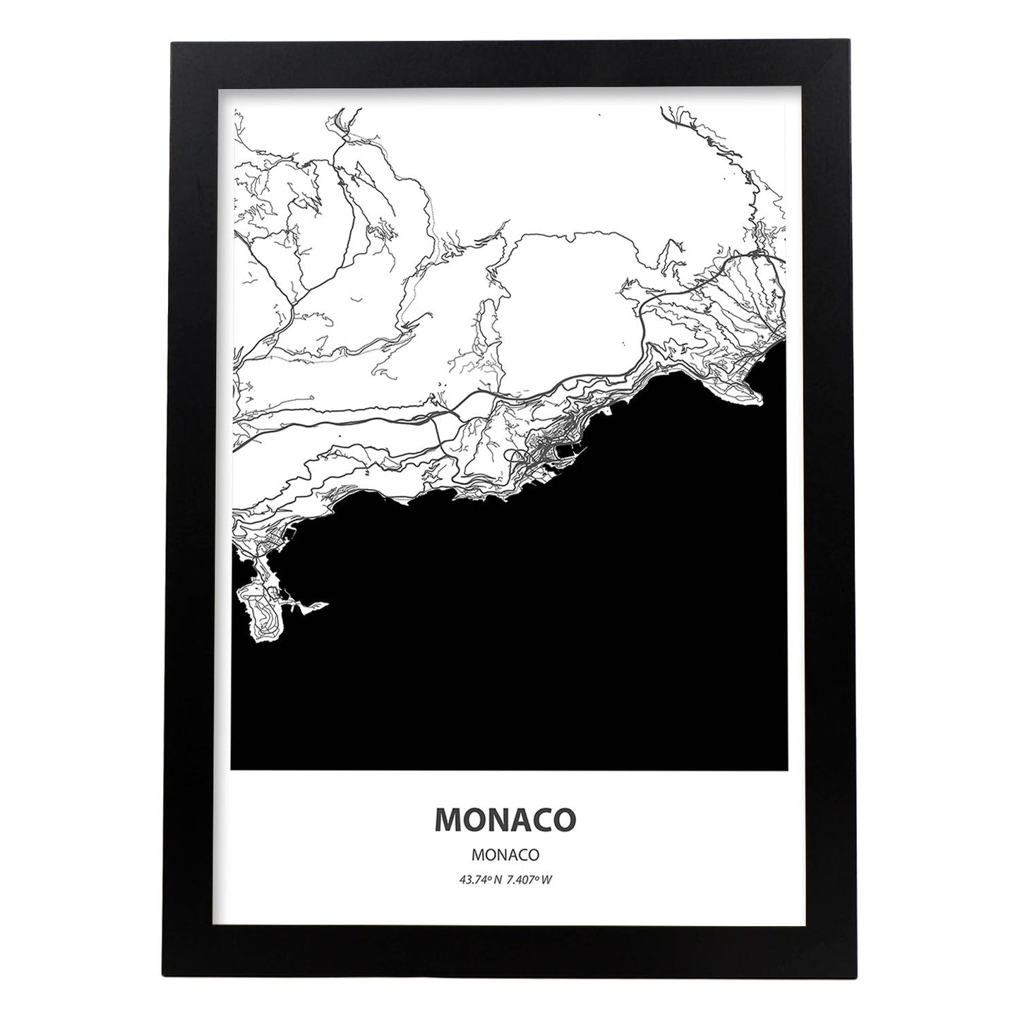 Poster con mapa de Monaco - Monaco. Láminas de ciudades de Europa con mares y ríos en color negro.-Artwork-Nacnic-A3-Marco Negro-Nacnic Estudio SL