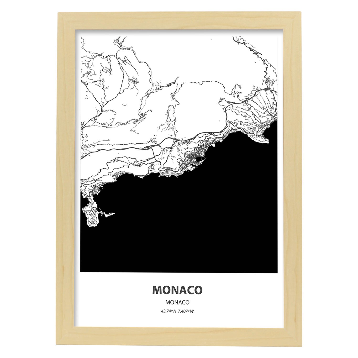 Poster con mapa de Monaco - Monaco. Láminas de ciudades de Europa con mares y ríos en color negro.-Artwork-Nacnic-A4-Marco Madera clara-Nacnic Estudio SL