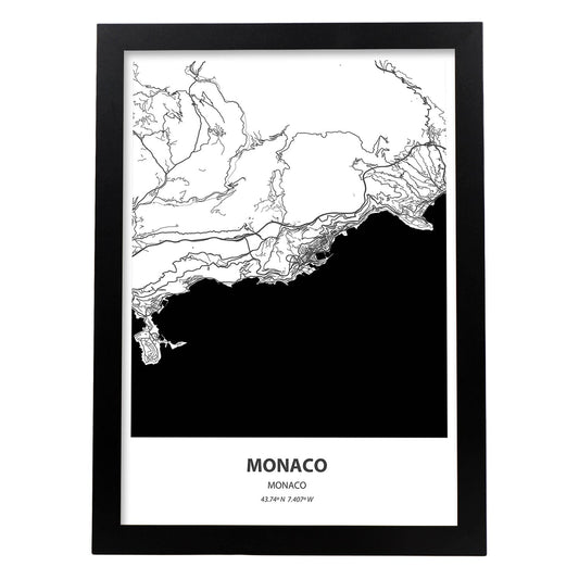 Poster con mapa de Monaco - Monaco. Láminas de ciudades de Europa con mares y ríos en color negro.-Artwork-Nacnic-A4-Marco Negro-Nacnic Estudio SL