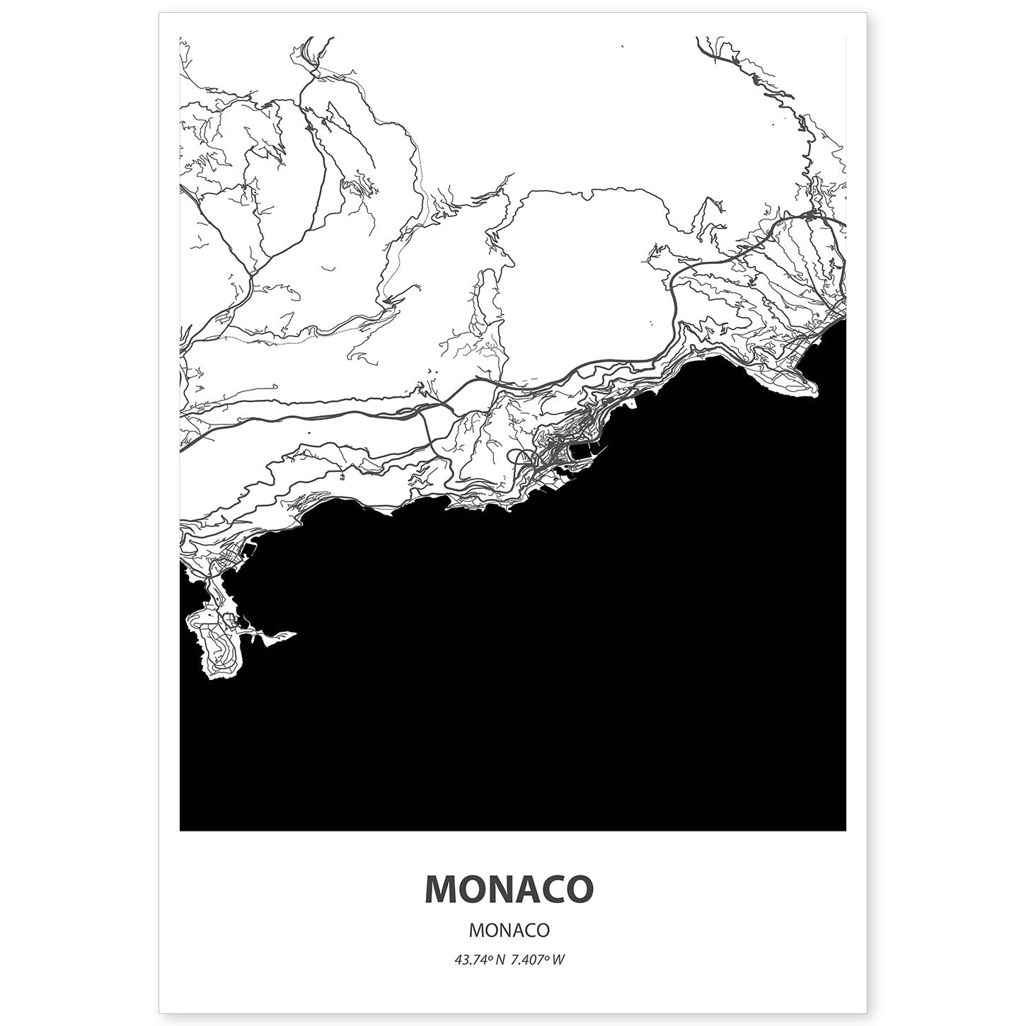 Poster con mapa de Monaco - Monaco. Láminas de ciudades de Europa con mares y ríos en color negro.-Artwork-Nacnic-A4-Sin marco-Nacnic Estudio SL